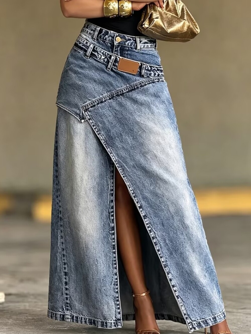 Women's Vintage-washed High-waist Denim Midi-long Skirt with Irregular Spliced S